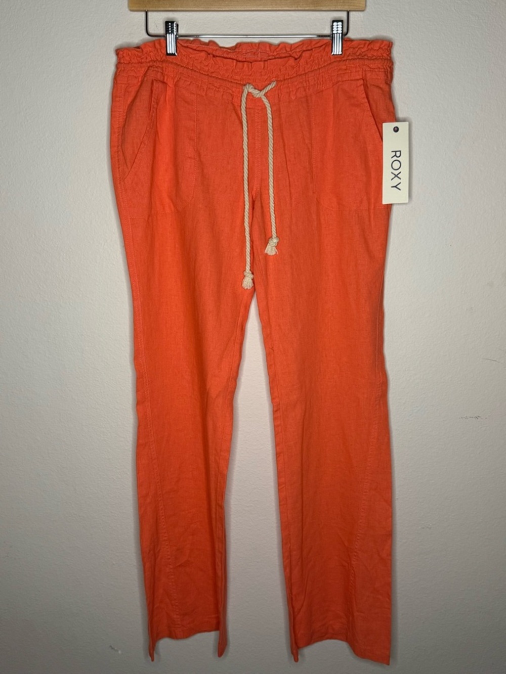Roxy Oceanside Flare Pants Coral Linen Blend Beach Drawstring Women’s Sz Large